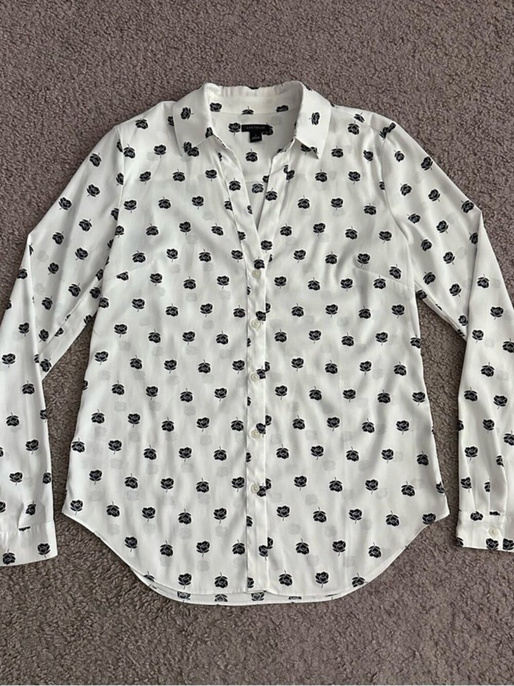 Ann Taylor Floral Button Up Shirt Womens S White Black
